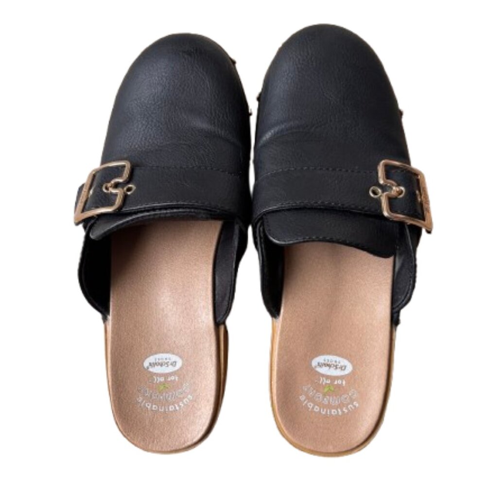 Dr. Scholl's Black Slip-On Clog Mules with Gold Buckles